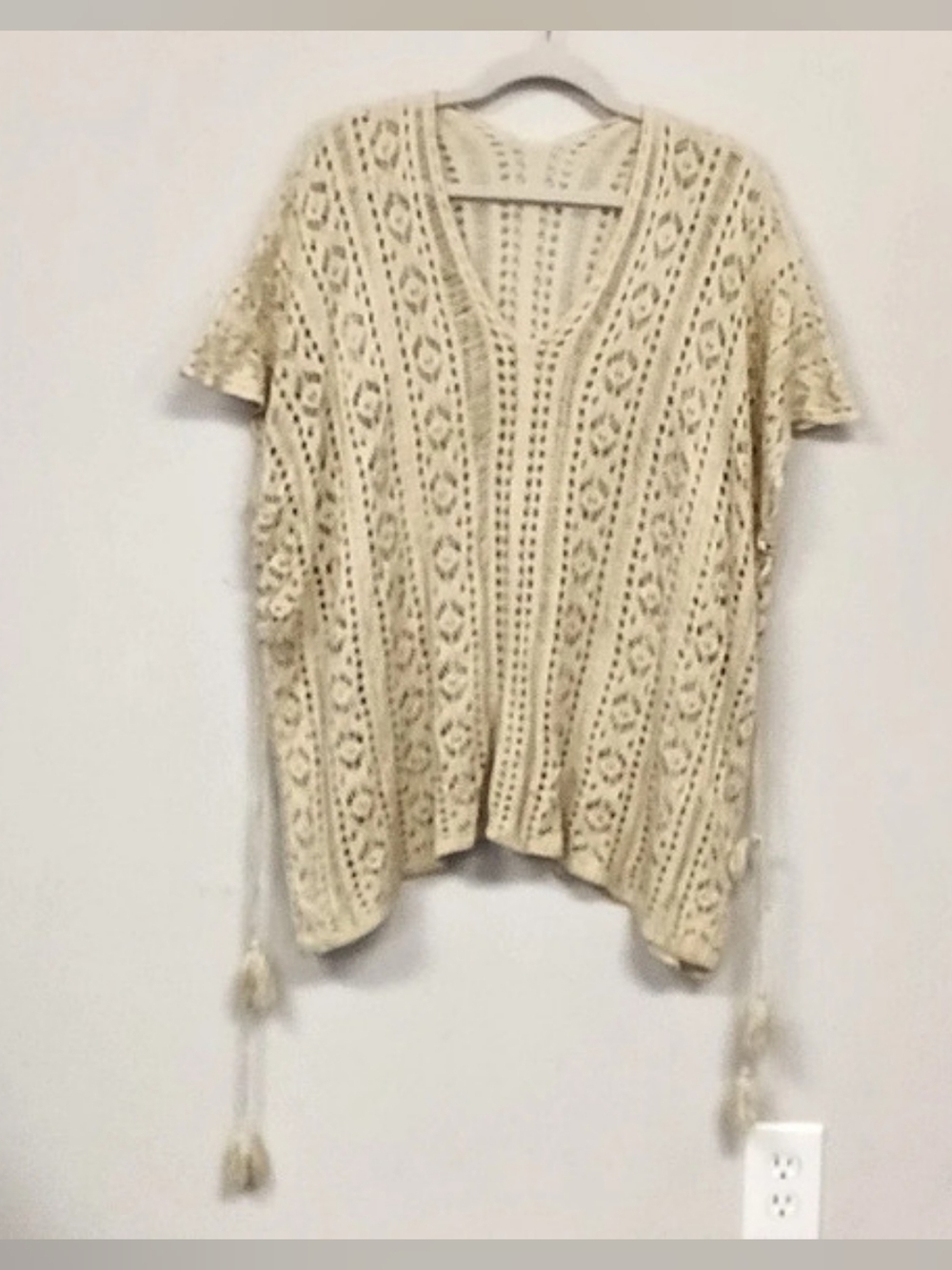Crochet Boho Open-Knit Tassel V Neck Pullover Sweater Poncho Cover Up One Size